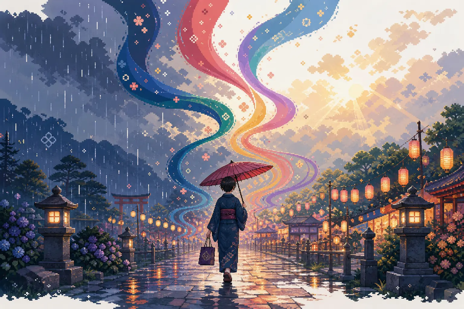 Anime pixel-art illustration of a person with an umbrella walking from rainy shadow into a sunlit lantern festival beneath colorful contrast ribbons.