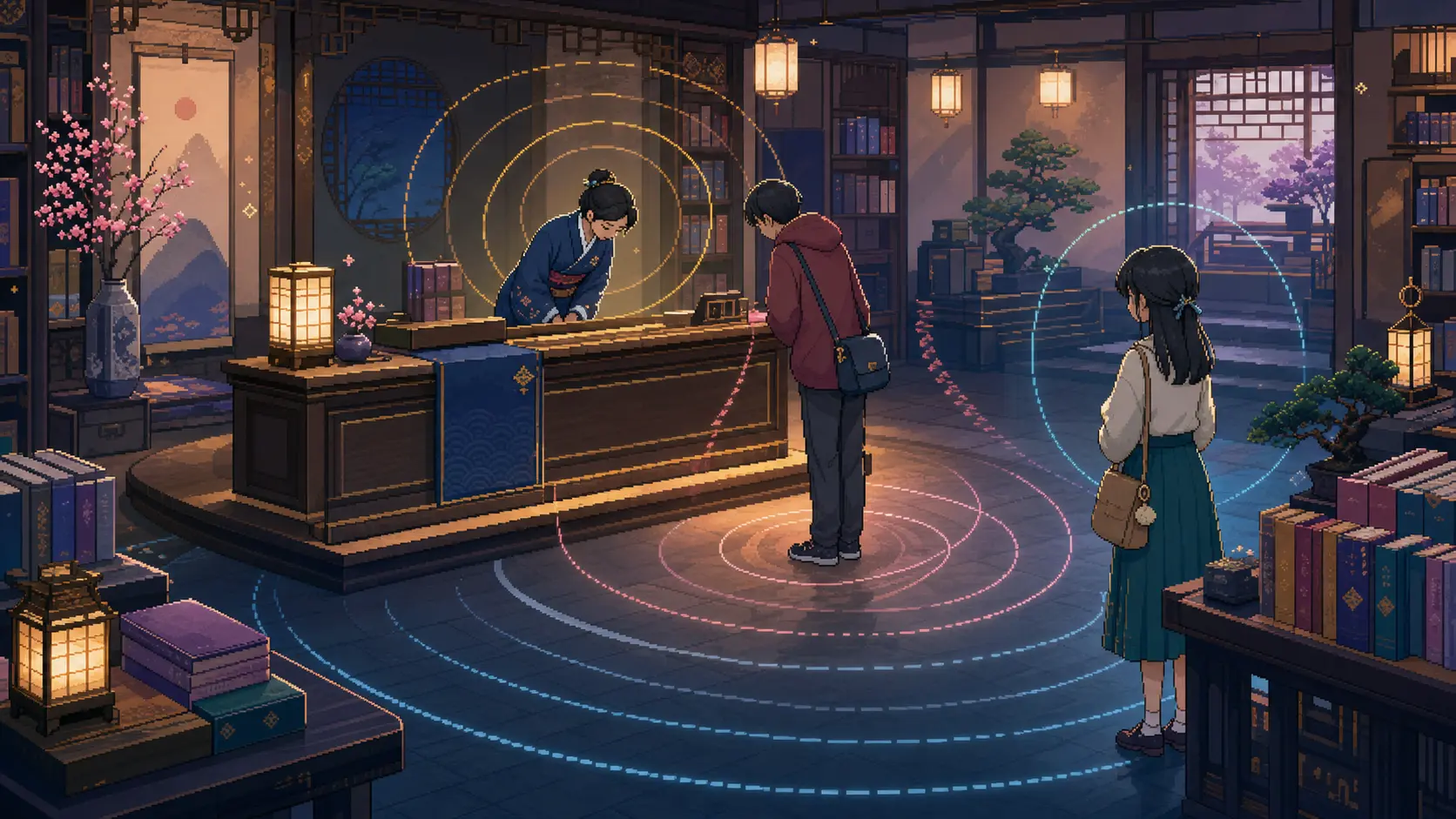 Anime pixel-art illustration of bookstore staff and a customer bowing politely while a learner observes from respectful social-distance circles.