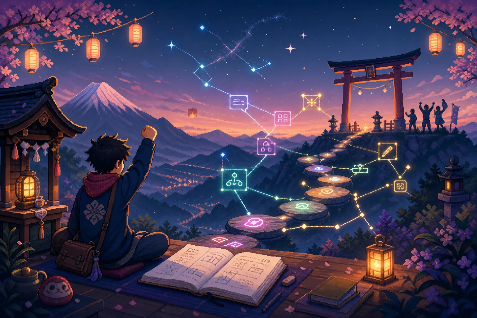 Anime pixel-art illustration of a learner at a mountain shrine viewpoint celebrating a glowing grammar constellation and stepping-stone path to a torii gate.